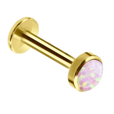 Złoty (PVD) labret z fioletowym opalem w kształcie klasycznego dysku.	
