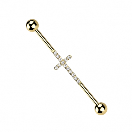 Złoty (PVD) tytanowy industrial krzyż z kryształkami: gwint zewnętrzny