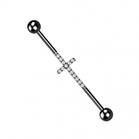 Czarny (PVD) tytanowy industrial krzyż z kryształkami: gwint zewnętrzny