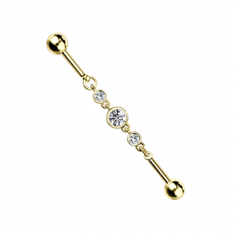 Złoty PVD kolczyk do industriala łańcuszek z kryształkami: stal chirurgiczna 316L, mosiądz