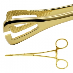 Złote szczypce do piercingu z małą, trójkątną, otwartą końcówką PA205 B