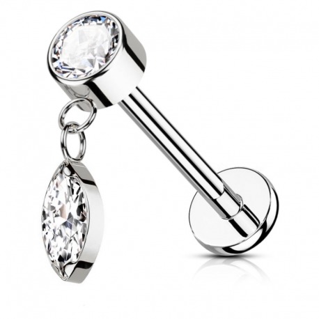 Srebrny labret kryształek z wiszącą łezką - gwint wewnętrzny, tytan G23
