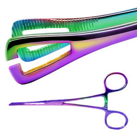 Tęczowe szczypce do piercingu z małą, trójkątną, otwartą końcówką PA205 D