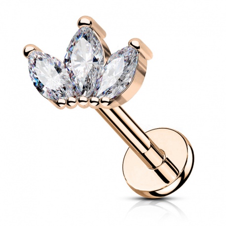 Labret w kolorze rose gold z trzema kryształkami: stal chirurgiczna 316L, mosiądz, gwint wewnętrzny