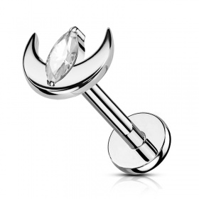 Labret srebrny półksiężyc z podłużnym kryształkiem