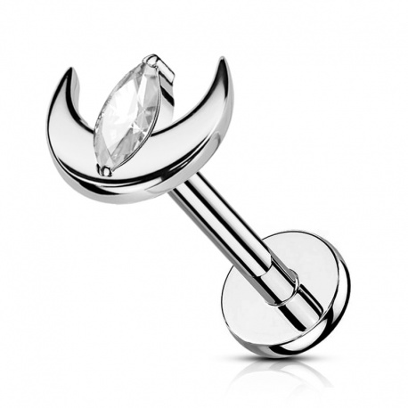 Labret srebrny półksiężyc z podłużnym kryształkiem