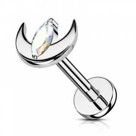 Labret srebrny półksiężyc z podłużnym kryształkiem