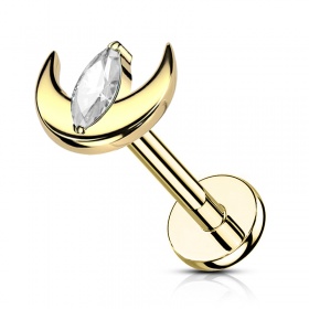 Labret złoty półksiężyc z podłużnym kryształkiem