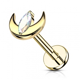Labret złoty półksiężyc z podłużnym kryształkiem