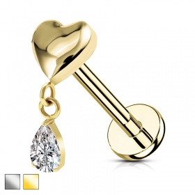 Labret serce z wiszącą kryształową łezką PW4003
