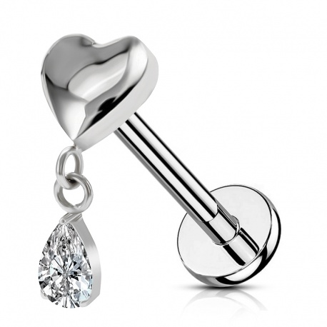 Srebrny labret serce z wiszącą kryształową łezką: tytan G23, gw. wewnętrzny