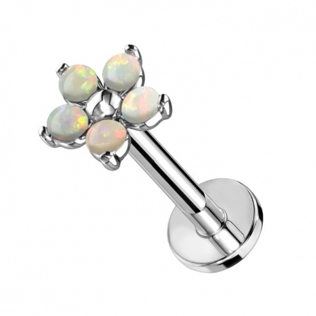 Labret duży kwiatek z białymi opalami: tytan G23, gwint wewnętrny