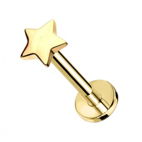 Złoty PVD labret z płaską gwiazdką z tytanu G23, gwint wewnętrzny PW4050
