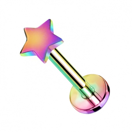 Tęczowy PVD labret z płaską gwiazdką z tytanu G23, gwint wewnętrzny
