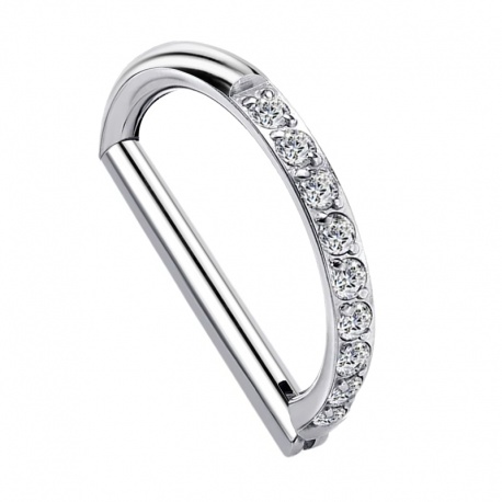 Srebrny kolczyk do nosa clicker d-ring z kryształkami - tytan G23, ujęcie pod skosem	