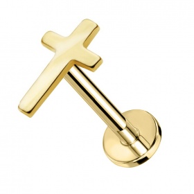 Złoty PVD labret z płaskim krzyżem: z gwintem wewnętrznym, tytan G23 PW4053