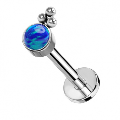 Labret z niebieskim opalem i kuleczkami: tytan G23, srebrny pręt, gwint wewnętrzny	