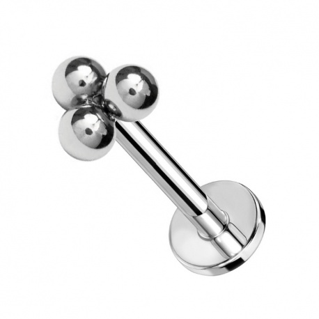 Srebrny labret z trzema kuleczkami: tytan G23, gwint wewnętrzny	
