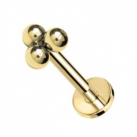Złoty labret z trzema kuleczkami: tytan G23, gwint wewnętrzny, powłoka PVD