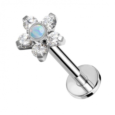 Labret kryształowy kwiatek z opalowym środkiem: tytan G23, gwint wewnętrzny PW4057