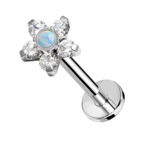 Labret kryształowy kwiatek z opalowym środkiem: tytan G23, gwint wewnętrzny PW4057