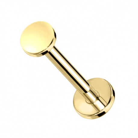 Złoty labret z płaskim dyskiem: z tytanu G23, gwint wewnętrzny, powłoka PVD	