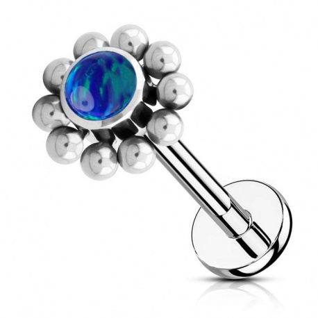 Labret kwiatek z niebieskim opalem i z małymi kulkami: tytan G23, gwint wewnętrzny