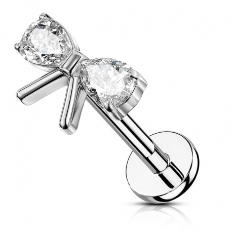 Srebrny labret kokardka z kryształkami: tytan G23, gwint wewnętrzny