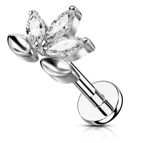 Srebrny labret trzy kryształowe markizy: tytan G23, gwint wewnętrzny