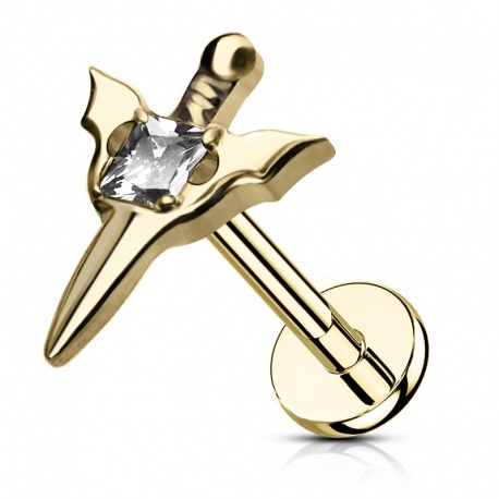 Złoty (powłoka PVD) labret miecz z "clear" kryształkiem: tytan G23, gwint wewnętrzny
