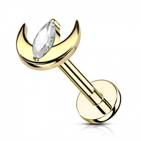 Złoty (PVD) labret półksiężyc z podłużnym "clear" kryształkiem - gwint wewnętrzny, tytan G23	