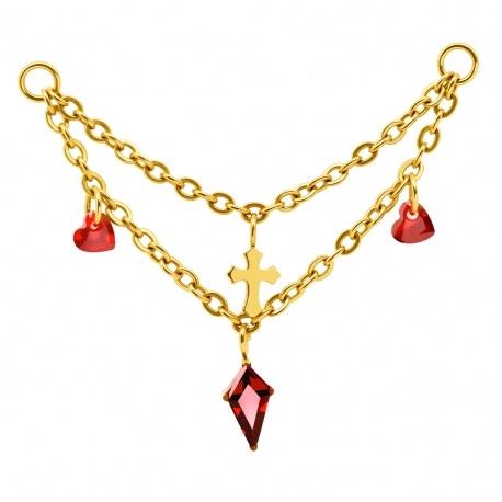 Złoty łańcuszek krzyż z dwoma czerwonymi sercami - tytan g23, powłoka PVD