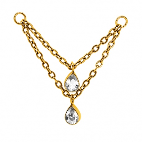 Złoty (PVD) łańcuszek podwójny i kryształowe łezki - tytan G23