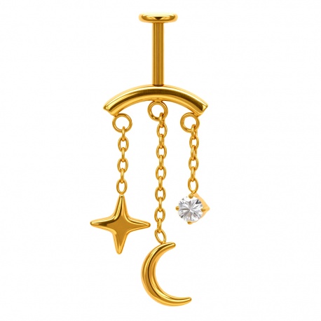 Złoty (PVD) labret do vertical helix z księżycem i gwiazdką, gw. wewnętrzny