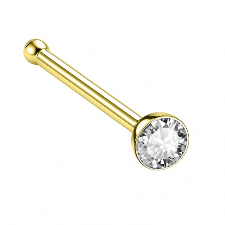 Złoty (prosty) kolczyk do nosa – okrągły klasyczny kryształek, srebro 925, powłoka e-coating