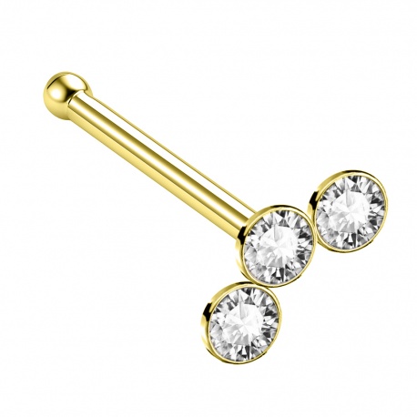 Prosty (złoty) kolczyk do nosa z trzema kryształkami: srebro 925