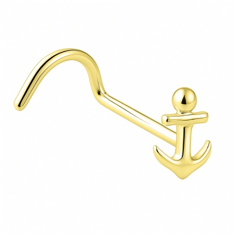 Złoty (zakręcony) kolczyk do nosa z kotwiczką: srebro 925, powłoka e-coating