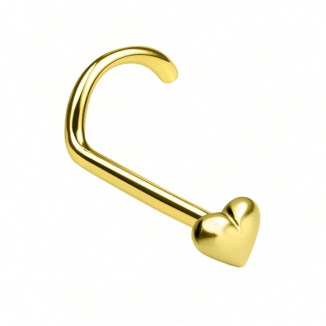 Złoty (zakręcony) kolczyk do nosa małe serduszko: srebro 925, powłoka e-coating