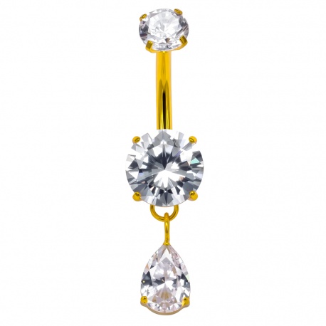 Złoty (PVD) kolczyk do pępka wisząca łezka z cyrkonii:tytan G23, gw. wewnętrzny
