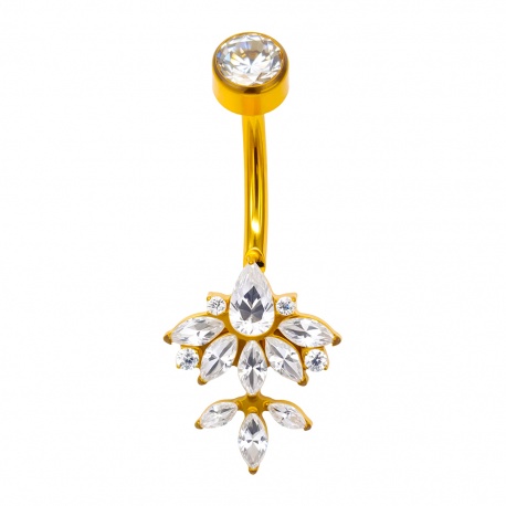 Złoty (PVD) kolczyk do pępka z rozetą cyrkonii: tytan G23, gw. wewnętrzny