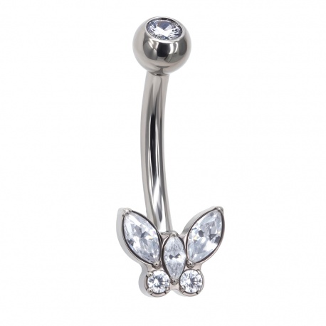 Srebrny kolczyk do pępka z motylkiem: tytan G23, gw. wewnętrzny