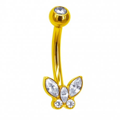 Złoty (PVD) kolczyk do pępka z motylkiem: tytan G23, gw. wewnętrzny