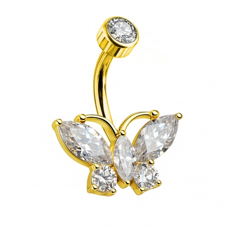 Złoty (PVD) kolczyk do pępka duży motylek: tytan G23, gwint wewnętrzny