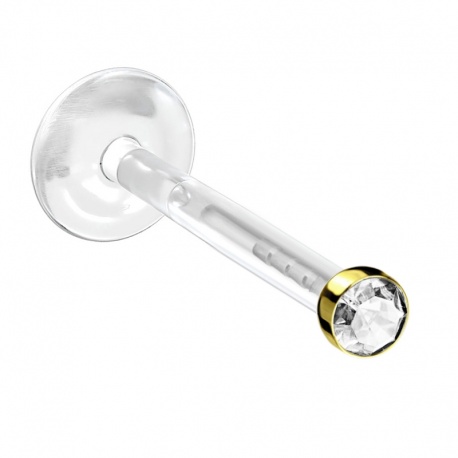 Labret z bioplastu z kryształkiem w złotej oprawie stalowej - push in: kryształek 2 mm