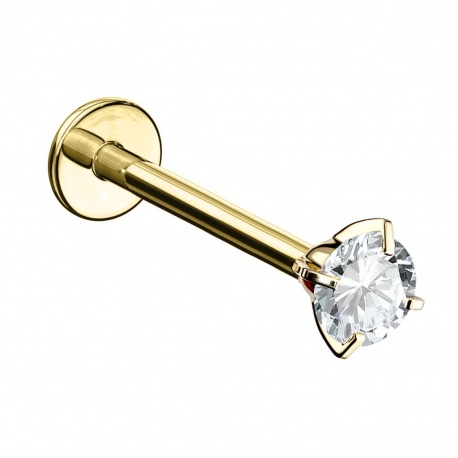 Złoty labret z kryształkiem w pazurkach - gwint wewnętrzny, tytan G23, powłoka PVD