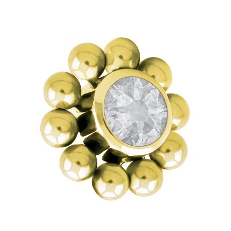 Złota (PVD) tytanowa nakrętka z clear kryształkiem i kulkami: do prętów z gwintem wewnętrznym