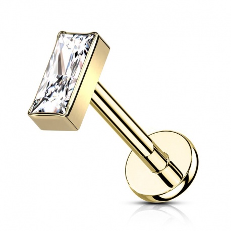 Złoty (PVD) labret z prostokątnym kryształkiem (clear) - gwint wewnętrzny, tytan G23