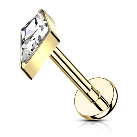Złoty (PVD) labret z kryształowym rombem (clear) - gwint wewnętrzny, tytan G23