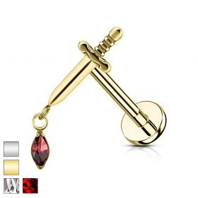 Labret z mieczem i wiszącym kryształkiem: gwint wewnętrzny, tytan G23 PWT017