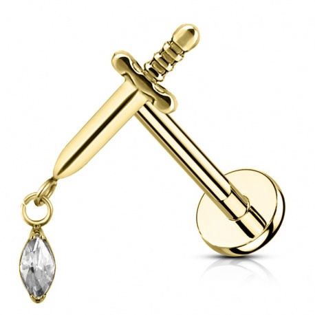 Złoty (PVD) labret z mieczem i wiszącym kryształkiem (clear) - gwint wewnętrzny, tytan G23